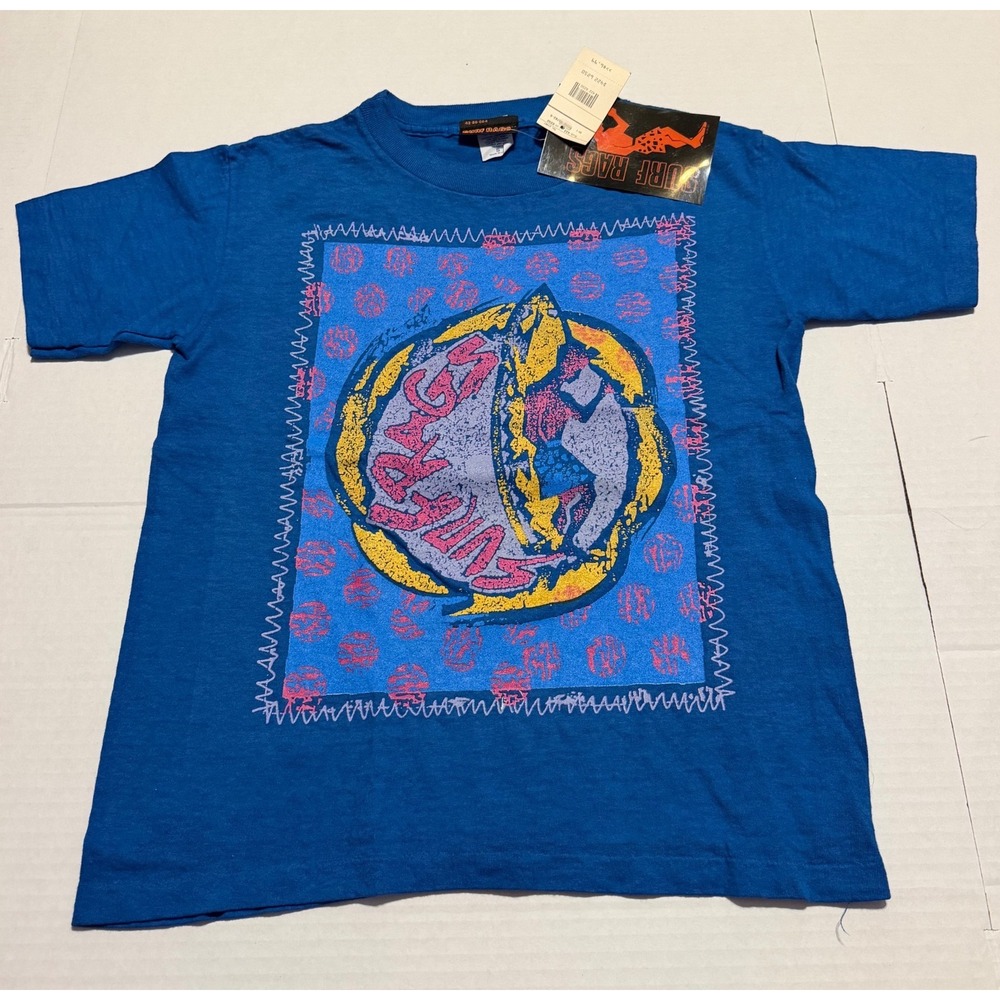 Surf Rags VTG Kids Blue Graphic T-Shirt Neon Surf Print Size S Made in USA NWT